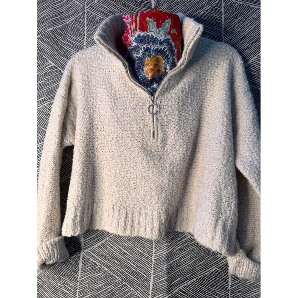 Cozy Cottagecore Cream Textured Quarter Zip Mock Neck Sweater Sz M